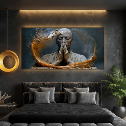 Tablou abstract living Rugăciune în pulbere de stele printat pe sticlă securizată panoramică deasupra unui pat într-un dormitor contemporan elegant
