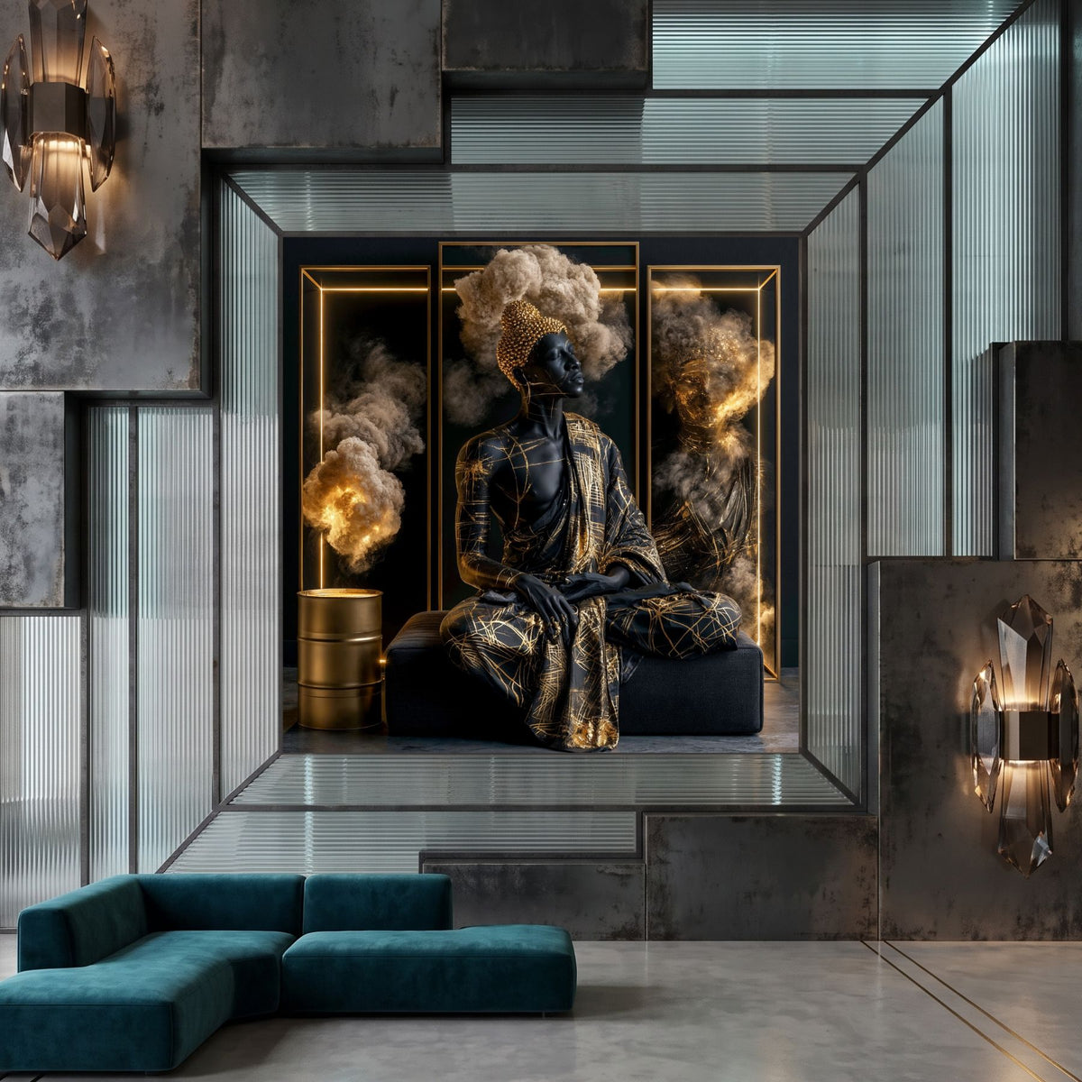 Tablou abstract modern pătrat Destrămarea formei de aur printat pe sticlă securizată într-un interior contemporan deasupra unei canapele turcoaz