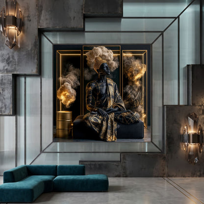 Tablou abstract modern pătrat Destrămarea formei de aur printat pe sticlă securizată într-un interior contemporan deasupra unei canapele turcoaz