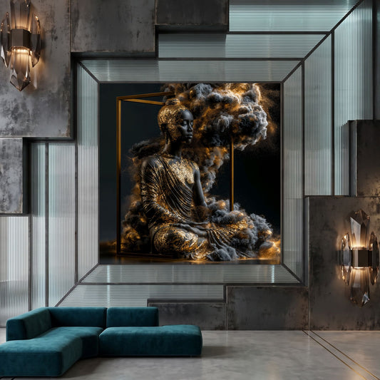 Tablou abstract modern pătrat Disoluția din pragul de aur printat pe sticlă securizată într-un living contemporan cu pereți canelați și canapea turcoaz