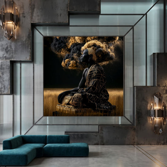 Tablou abstract modern pătrat Paza câmpului de aur printat pe sticlă securizată într-un interior contemporan deasupra unei canapele turcoaz