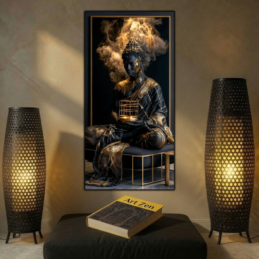 Tablou abstract modern vertical Paza candelei de aur printat pe sticlă securizată flancat de două lămpi sculpturale de podea într-un interior cald