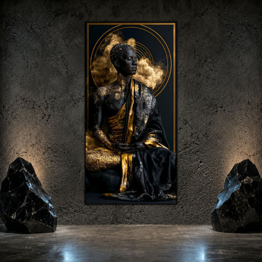 Tablou abstract modern vertical Paza cercurilor de aur printat pe sticlă securizată pe un perete texturat antracit flancat de roci decorative