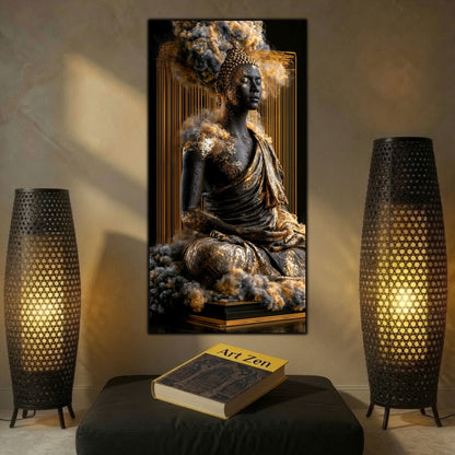 Tablou abstract modern vertical Paza coloanei de aur printat pe sticlă securizată flancat de două lămpi sculpturale de podea într-un interior cald