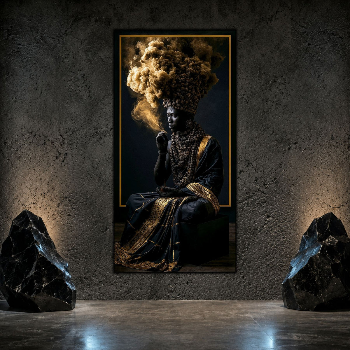 Tablou abstract modern vertical Paza coroanei de pulbere printat pe sticlă securizată pe un perete texturat antracit flancat de roci decorative