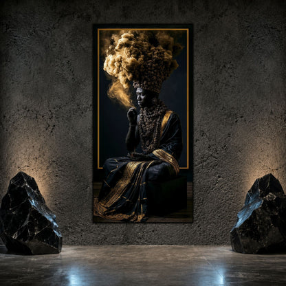 Tablou abstract modern vertical Paza coroanei de pulbere printat pe sticlă securizată pe un perete texturat antracit flancat de roci decorative