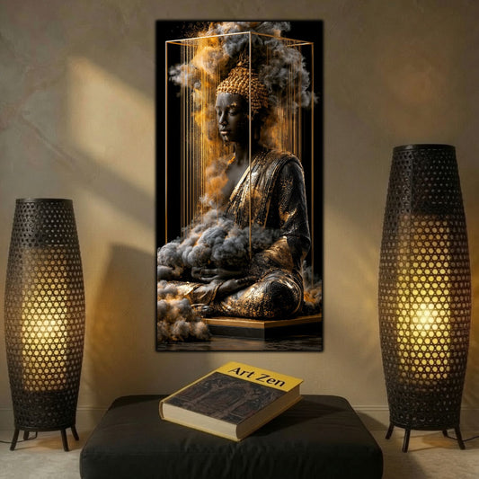 Tablou abstract modern vertical Paza ploii de aur printat pe sticlă securizată flancat de două lămpi sculpturale de podea într-un interior cald