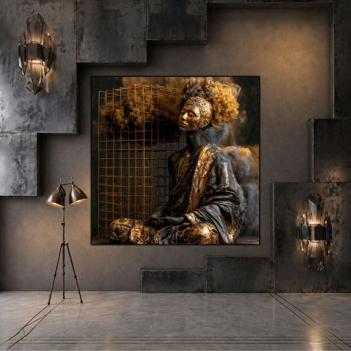 Tablou abstract modern pătrat Paza pulberii de bronz printat pe sticlă securizată într-un interior industrial luxos cu pereți din beton și aplice de cristal
