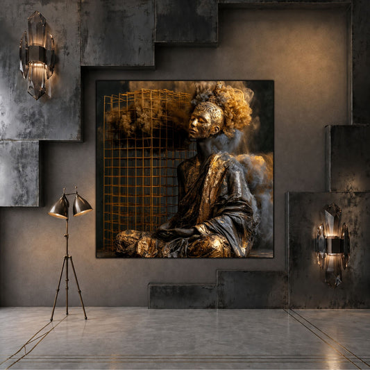 Tablou abstract modern pătrat Paza pulberii de bronz printat pe sticlă securizată într-un interior industrial luxos cu pereți din beton și aplice de cristal