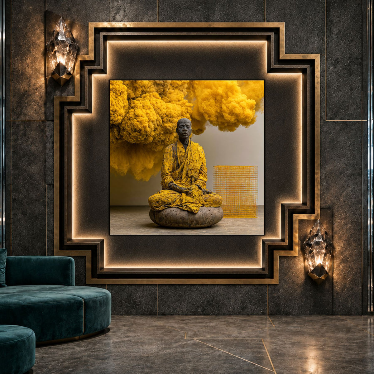 Tablou abstract modern pătrat Paza pulberii de șofran printat pe sticlă securizată într-un interior de lux cu perete de marmură și canapea din catifea verde