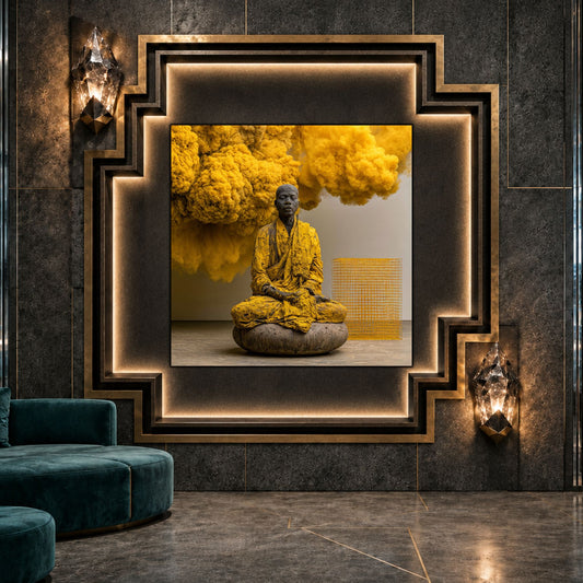 Tablou abstract modern pătrat Paza pulberii de șofran printat pe sticlă securizată într-un interior de lux cu perete de marmură și canapea din catifea verde