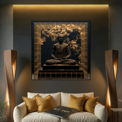 Tablou abstract modern pătrat Paza sanctuarului de pulbere printat pe sticlă securizată deasupra unei canapele crem flancate de lămpi curbate din lemn