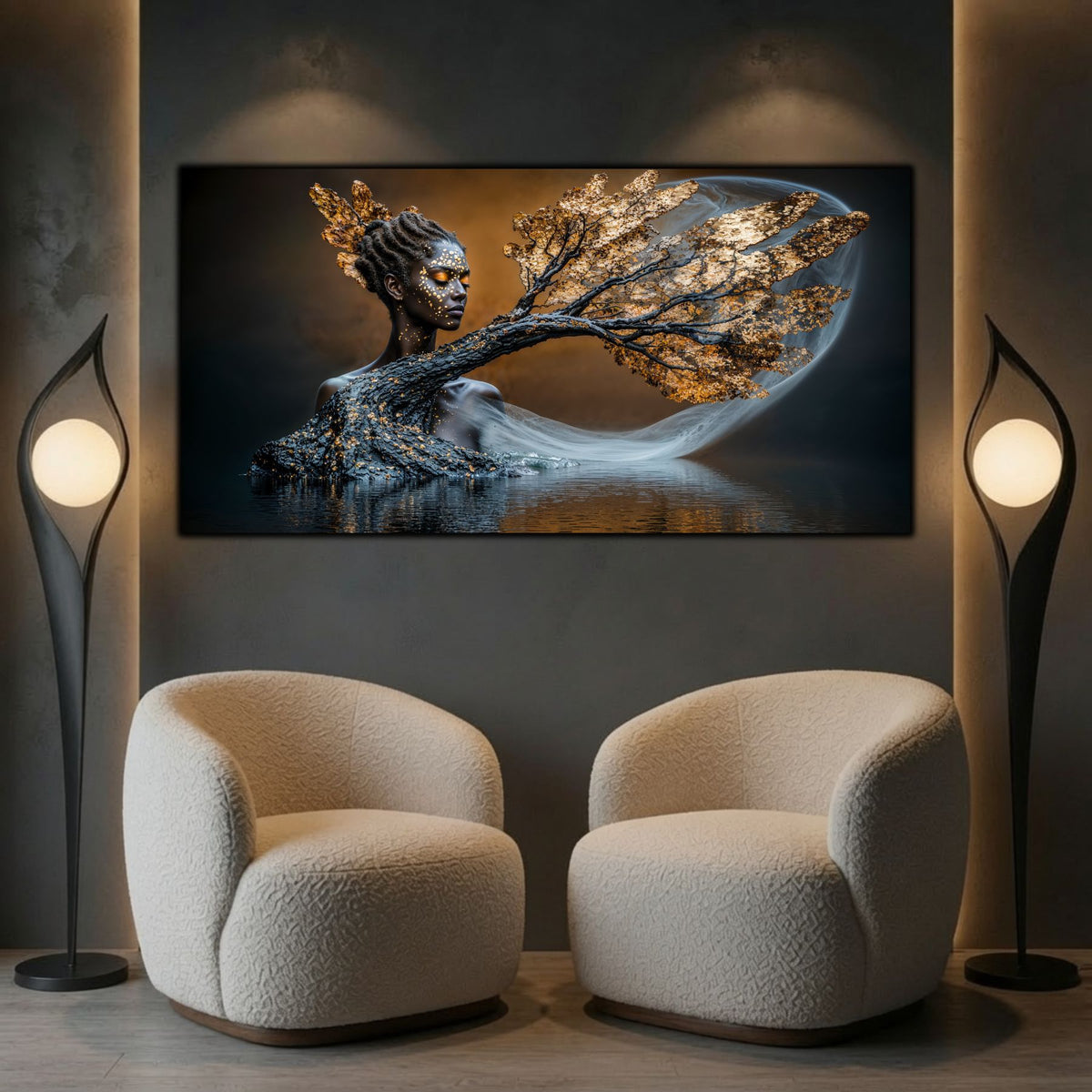 Ethereal Dream integrat într-un decor de sufragerie elegant, unde arta abstractă creează un punct central de echilibru și rafinament