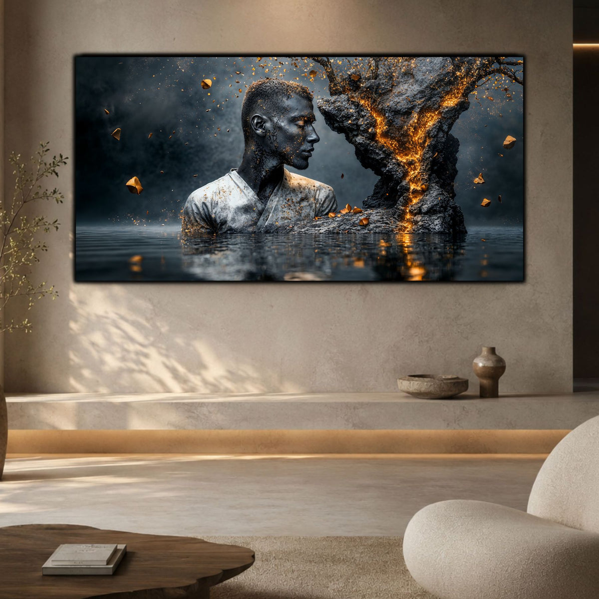 Tablou pentru sufragerie modernă Ethereal Reflection, integrat într-un decor minimalist cu expresie artistică contemporană