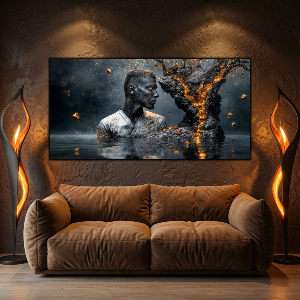 Decor sufragerie premium completat de tabloul abstract Ethereal Reflection, cu influențe organice și simboluri ale echilibrului interior