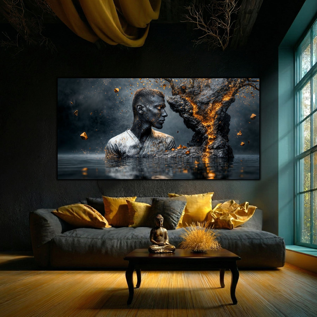Tablou abstract pentru sufragerie contemporană Ethereal Reflection, piesă decorativă pe sticlă cu estetică organică și expresie meditativă