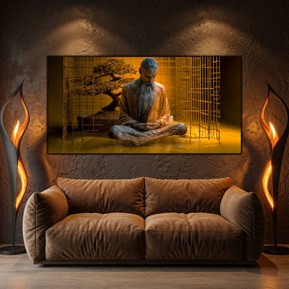 Tablou de artă zen pe sticlă, element central de decor integrat armonios pe peretele unei sufragerii elegante.