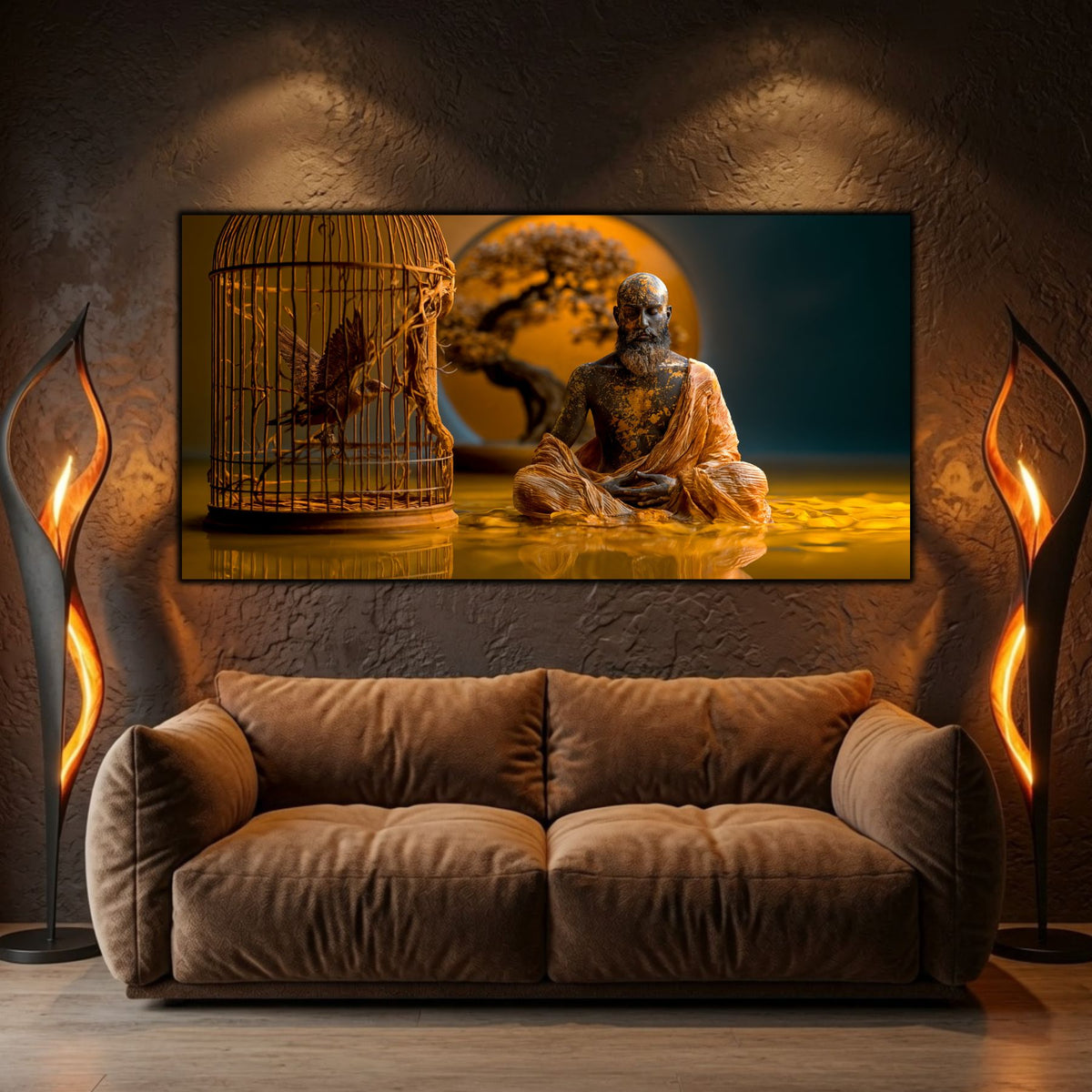 Tablou de artă zen pe sticlă, element central de decor integrat armonios pe peretele unei sufragerii elegante.