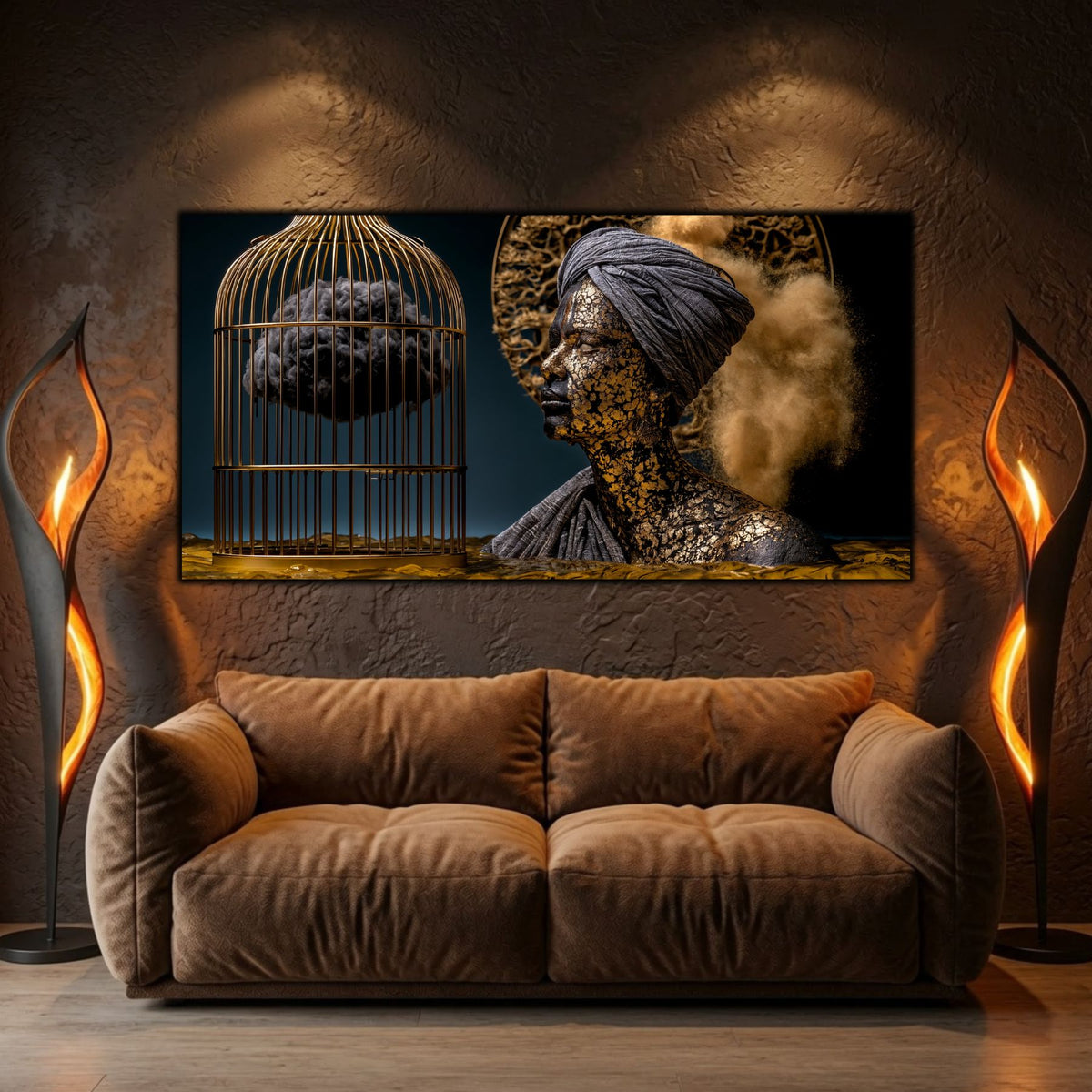 Integrare tablou într-un decor interior modern, estetică zen-luxury cu iluminare ambientală reflexivă.