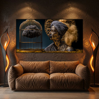 Integrare tablou într-un decor interior modern, estetică zen-luxury cu iluminare ambientală reflexivă.