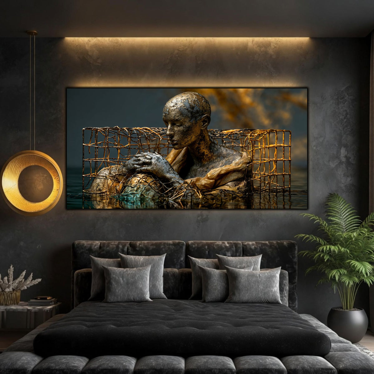 Tablou de artă zen pe sticlă, element central de decor integrat armonios pe peretele unei sufragerii elegante.