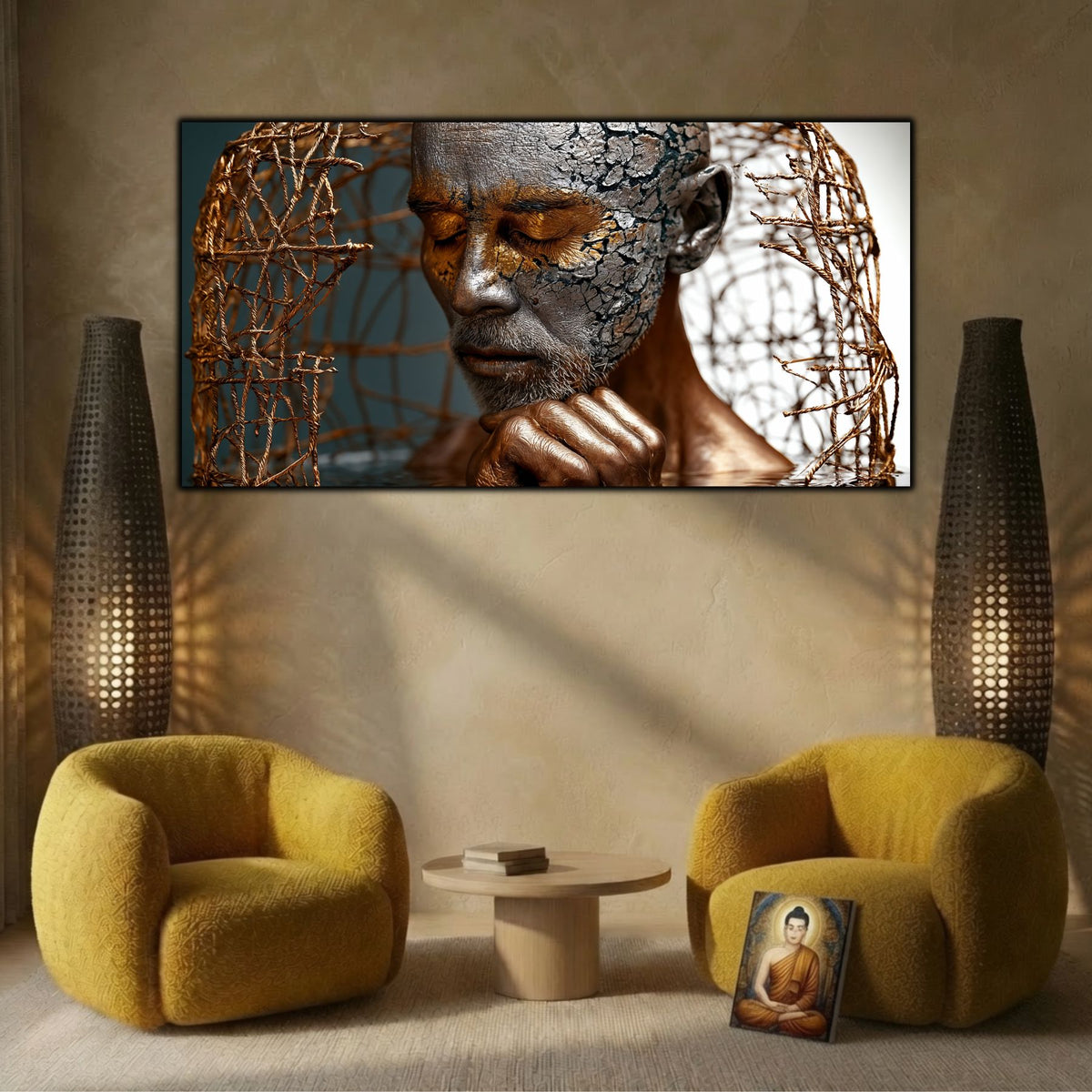 Tablou de artă zen pe sticlă, element central de decor integrat armonios pe peretele unei sufragerii pentru meditație.