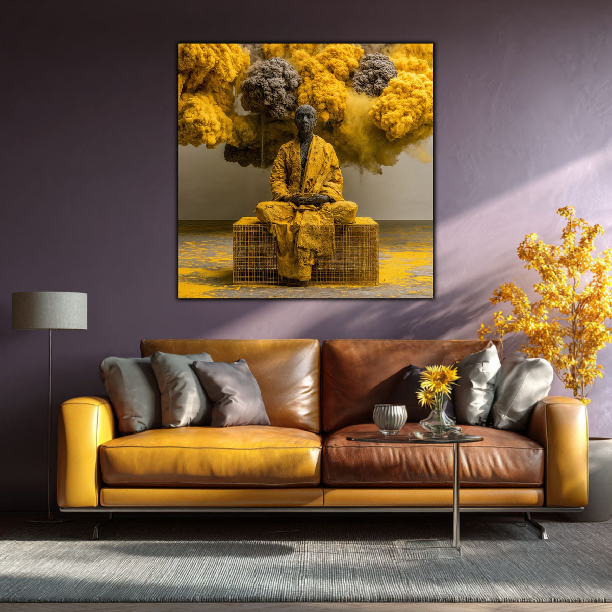 Integrare tablou în decor interior modern, cu iluminare ambientală caldă și estetică zen-luxury.