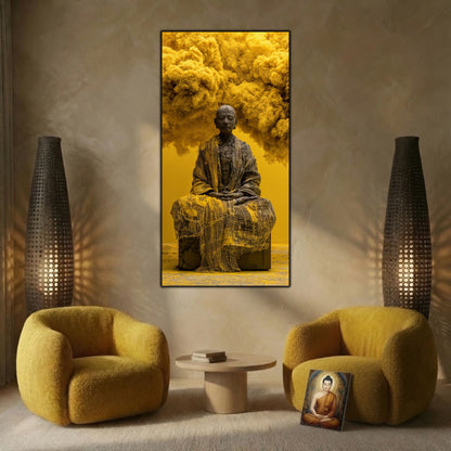 Tablou modern pentru living, figură meditativă cu nori galbeni, imprimat pe sticlă securizată 4mm.