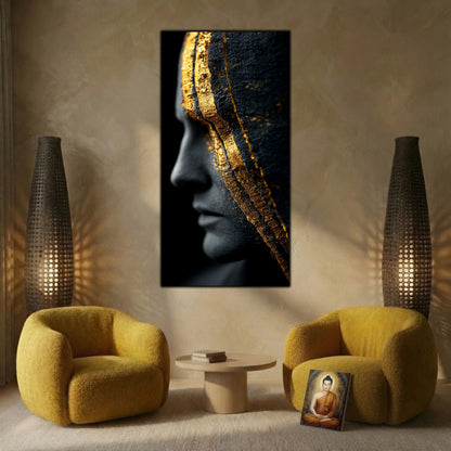 Tablou modern pentru living, portret introspectiv cu bandă de aur, imprimat pe sticlă securizată 4mm.