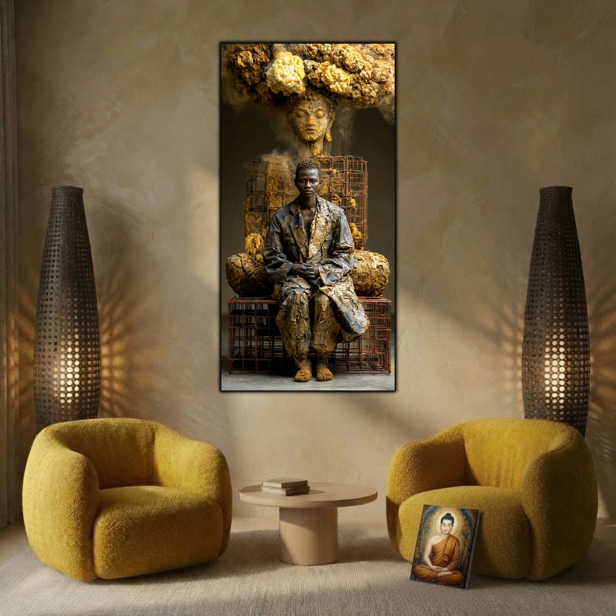 Tablou modern pentru living, personaj eliberat din cușcă în meditație, imprimat pe sticlă securizată 4mm.