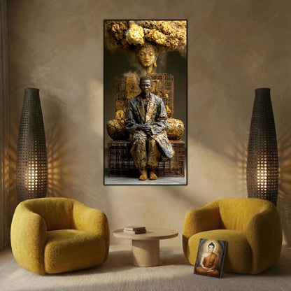 Tablou modern pentru living, personaj eliberat din cușcă în meditație, imprimat pe sticlă securizată 4mm.