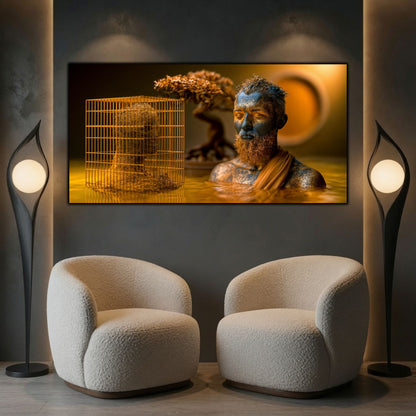Tablou abstract pentru birou, inspirând concentrare și putere mentală, artă digitală pe sticlă.