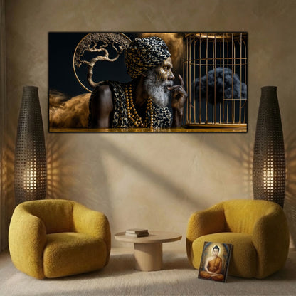 Tablou mare pentru sufragerie, design zen luxury cu iluminare cinematică și detalii profunde.