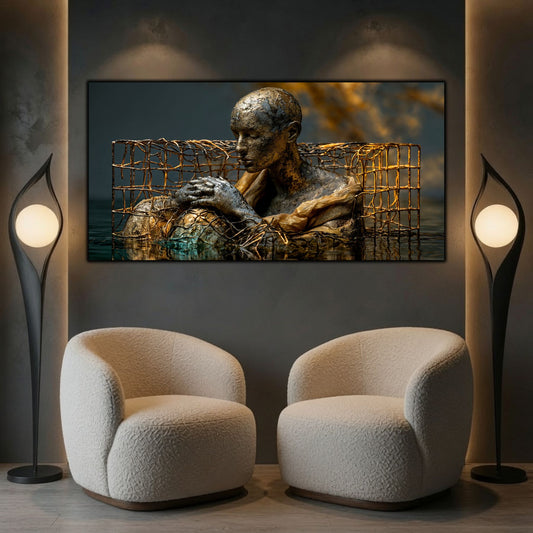 Tablou abstract pentru birou, inspirând reziliență și efort continuu, artă digitală pe sticlă.