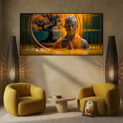Tablou abstract pentru birou, inspirând calm profund și claritate mentală, artă digitală pe sticlă.