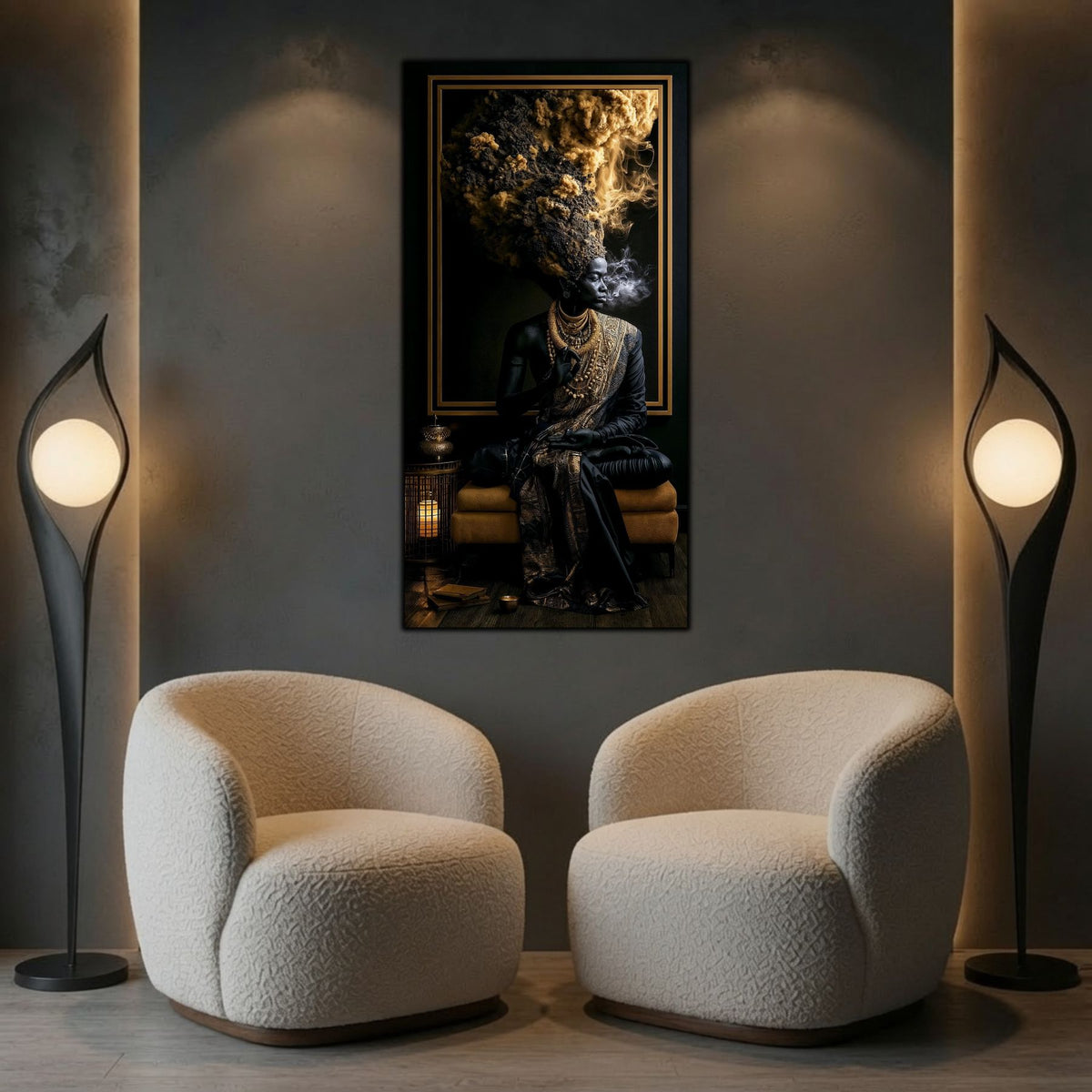 Tablou mare pentru sufragerie, design cinematic zen-luxury cu accente negre și aurii.