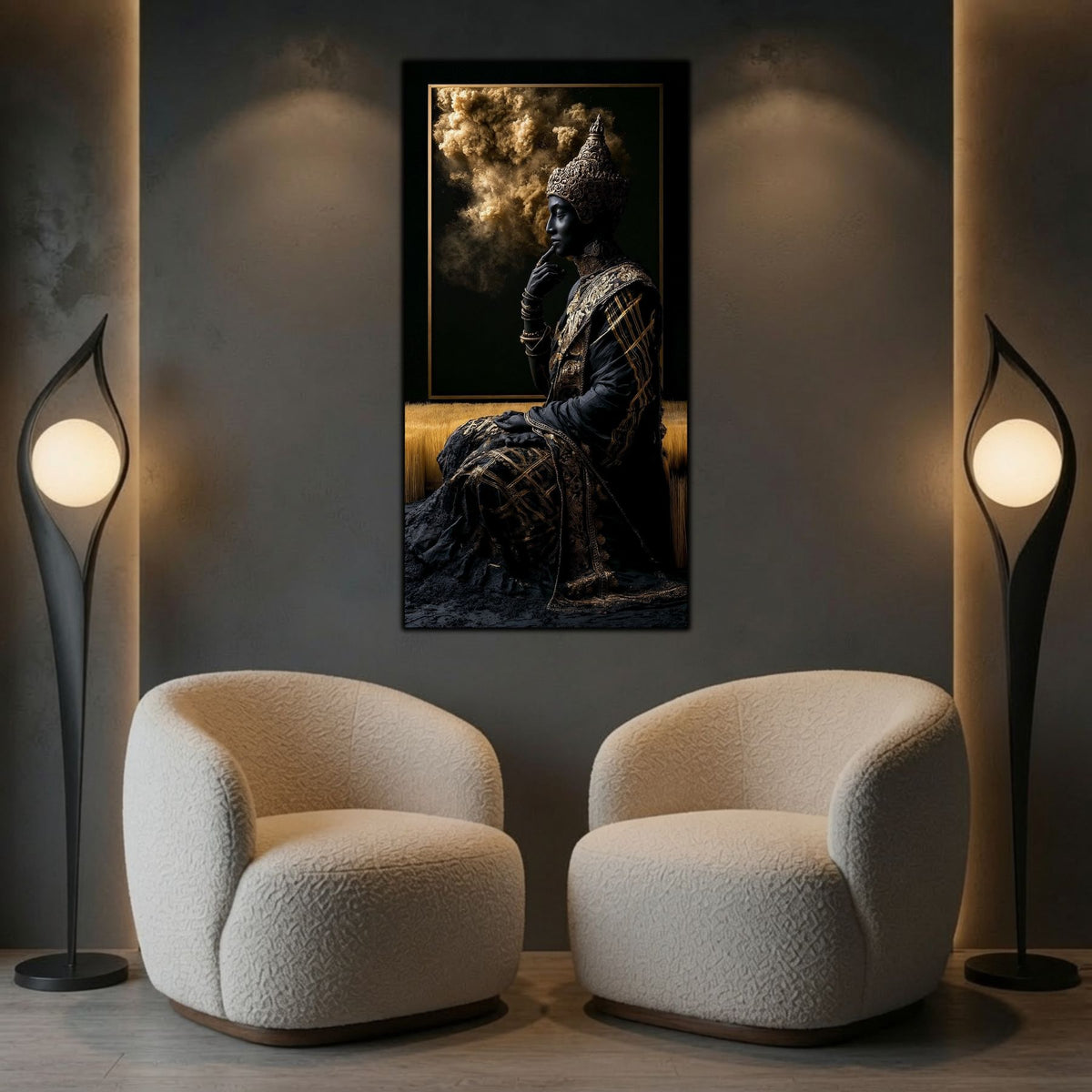 Tablou modern pentru living, personaj în negru cu fum, imprimat pe sticlă securizată 4mm.