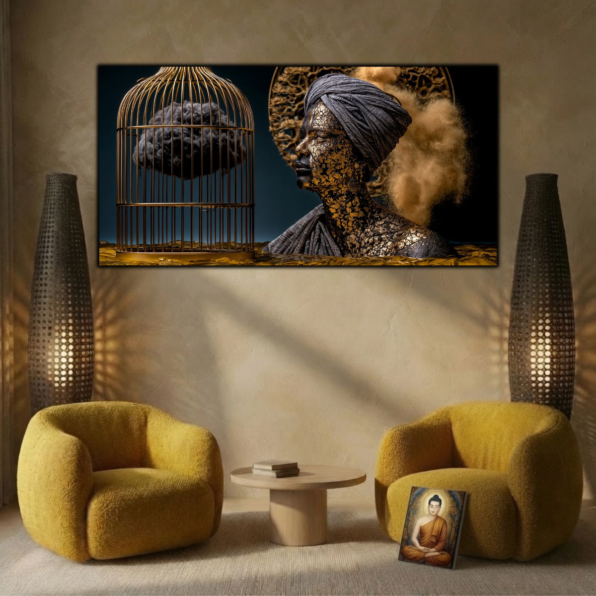 Tablou abstract pentru birou, inspirând forță interioară și înțelepciune, artă digitală pe sticlă.