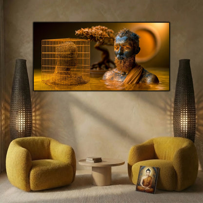 Integrare tablou într-un decor interior modern, estetică zen-luxury cu iluminare ambientală reflexivă.