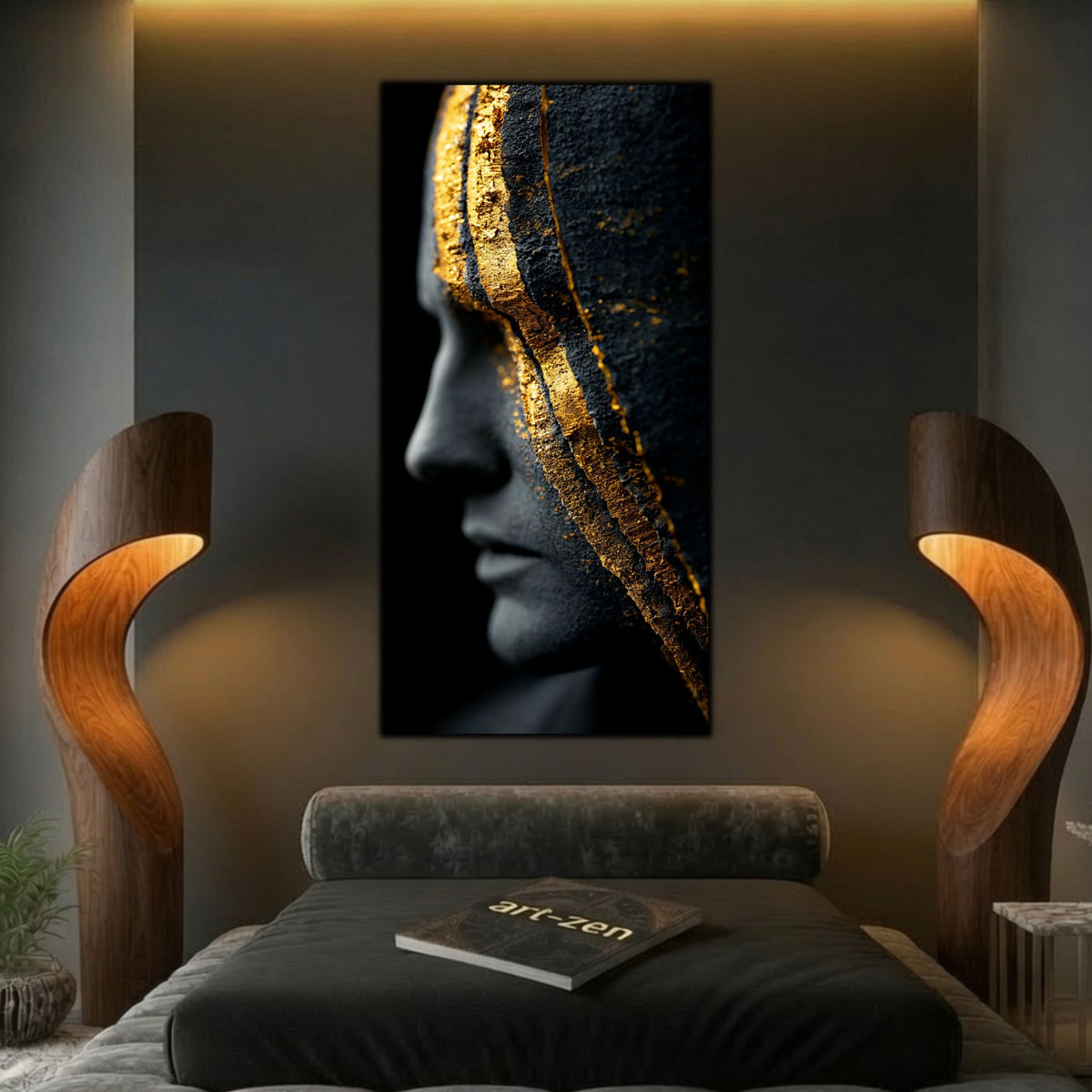 Tablou mare pentru sufragerie, design zen luxury cu iluminare cinematică și detalii aurii.