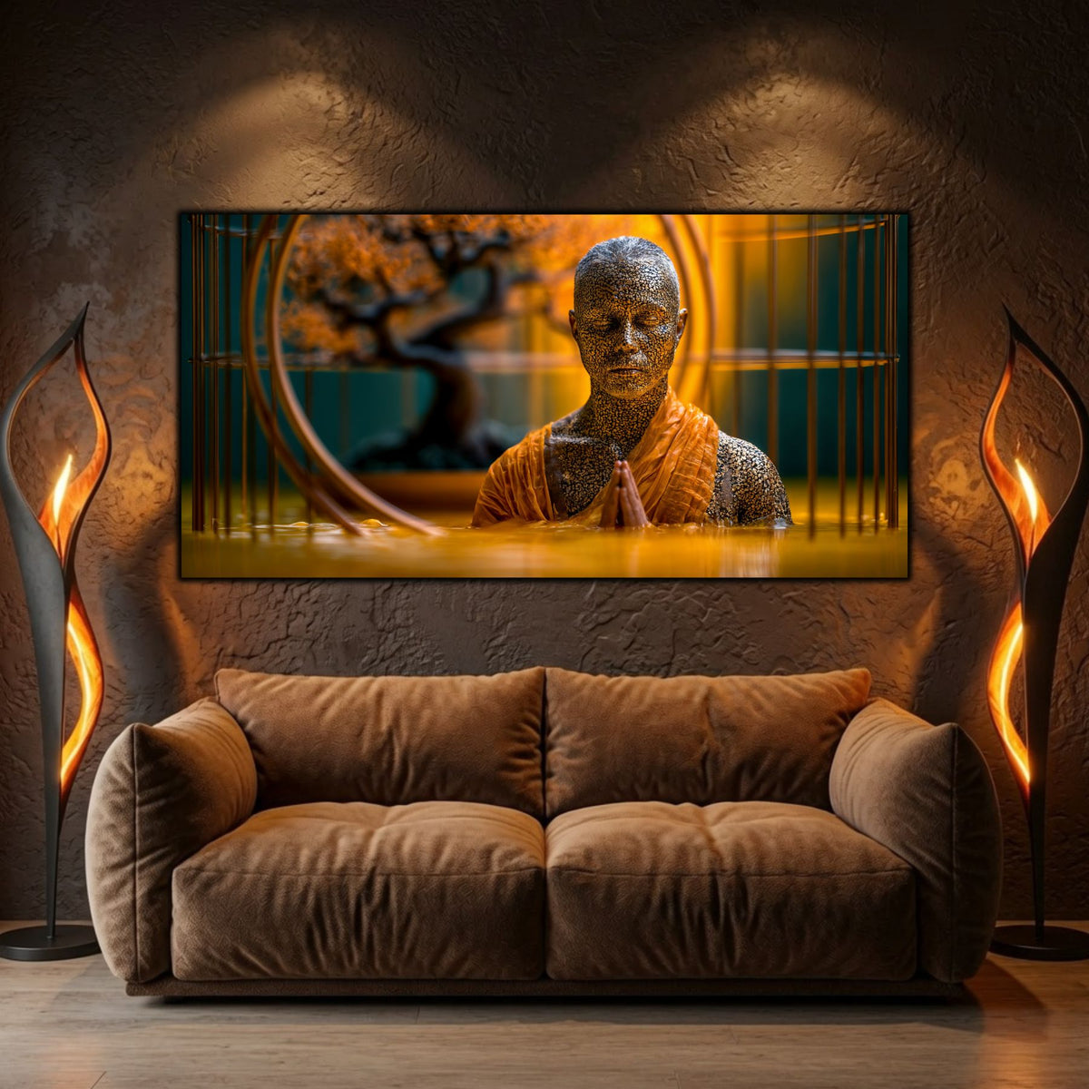 Integrare tablou într-un decor interior modern, estetică zen-luxury cu iluminare ambientală vibrantă.