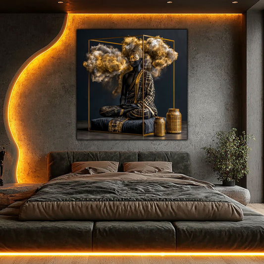 Tablou modern pentru living, călugăr meditând în cușcă neagră, imprimat pe sticlă securizată 4mm.