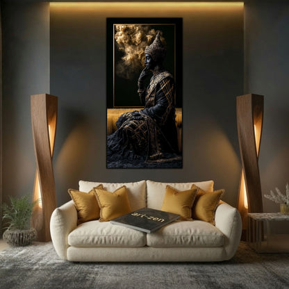 Tablou mare pentru sufragerie, design zen luxury misterios cu iluminare cinematică și culori profunde.