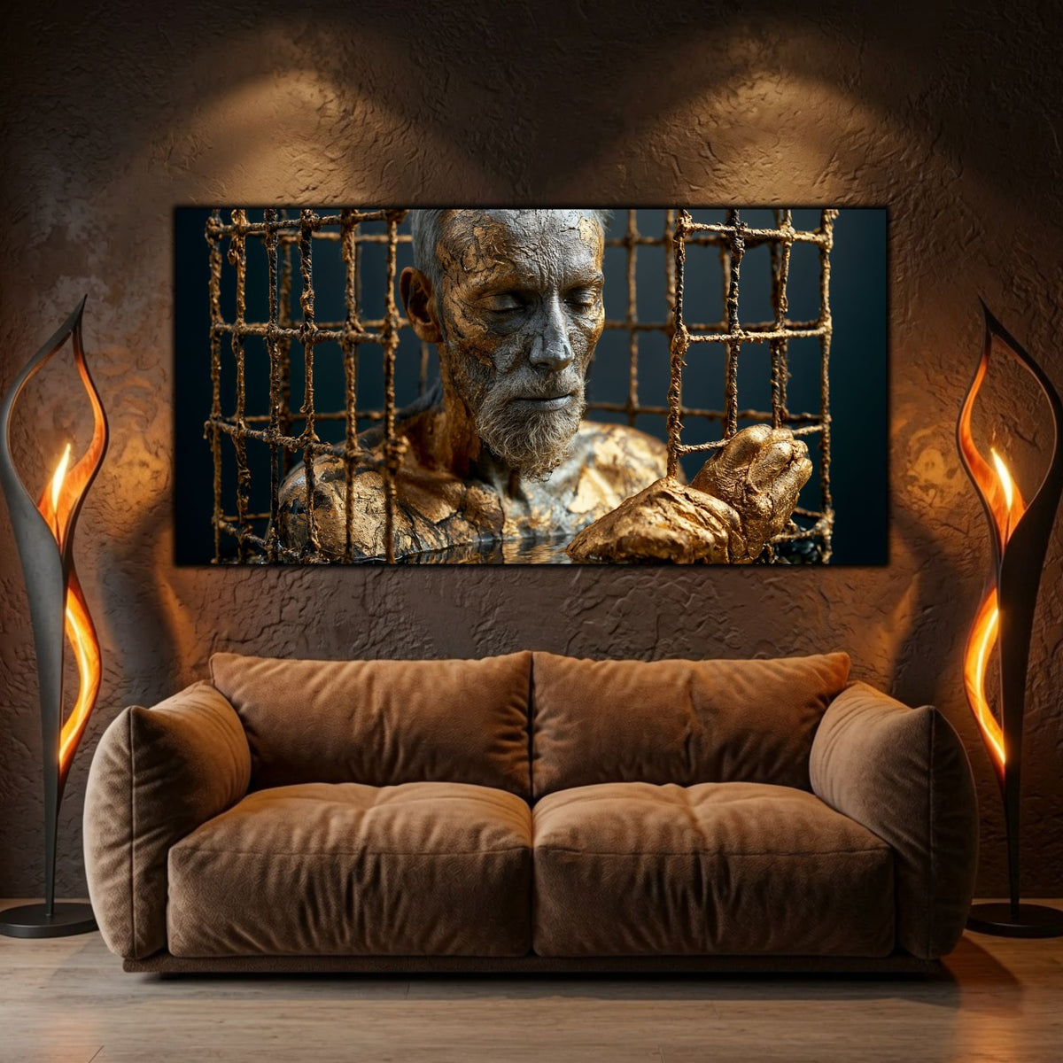 Integrare tablou într-un decor interior modern, estetică zen-luxury cu iluminare ambientală caldă.