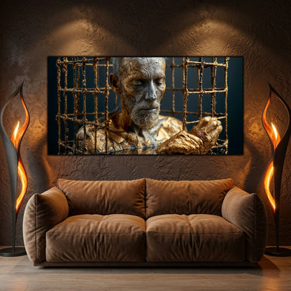 Integrare tablou într-un decor interior modern, estetică zen-luxury cu iluminare ambientală caldă.