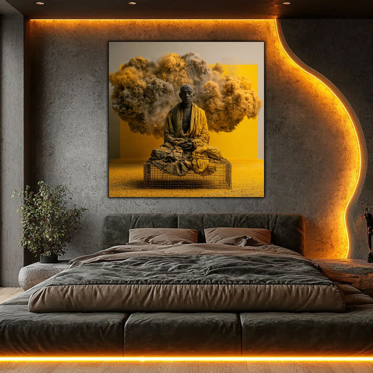 Integrare tablou în decor interior modern, cu iluminare dramatică și estetică armonioasă.