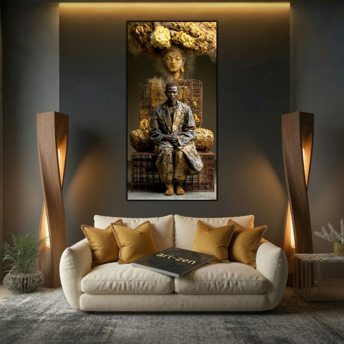 Tablou mare pentru sufragerie, design zen luxury cu texturi pământii și iluminare cinematică.