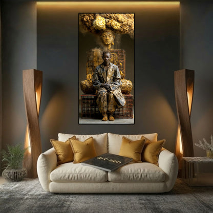Tablou mare pentru sufragerie, design zen luxury cu texturi pământii și iluminare cinematică.