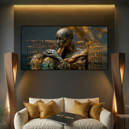Tablou decorativ elegant pentru sufragerie, călugăr în apă vălurită sprijinit de cușcă, sticlă 4mm.
