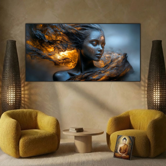 Tablou decorativ living Jarul din Văl, portret cu văl luminat în auriu, deasupra a două fotolii ocru și unei mese rotunde.